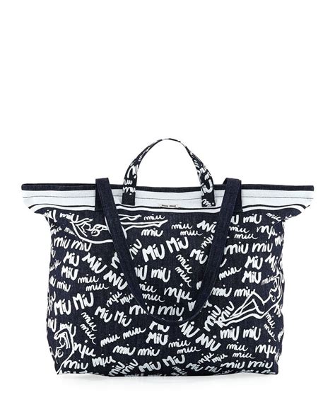 Miu Miu Printed Denim Tote In Pnero